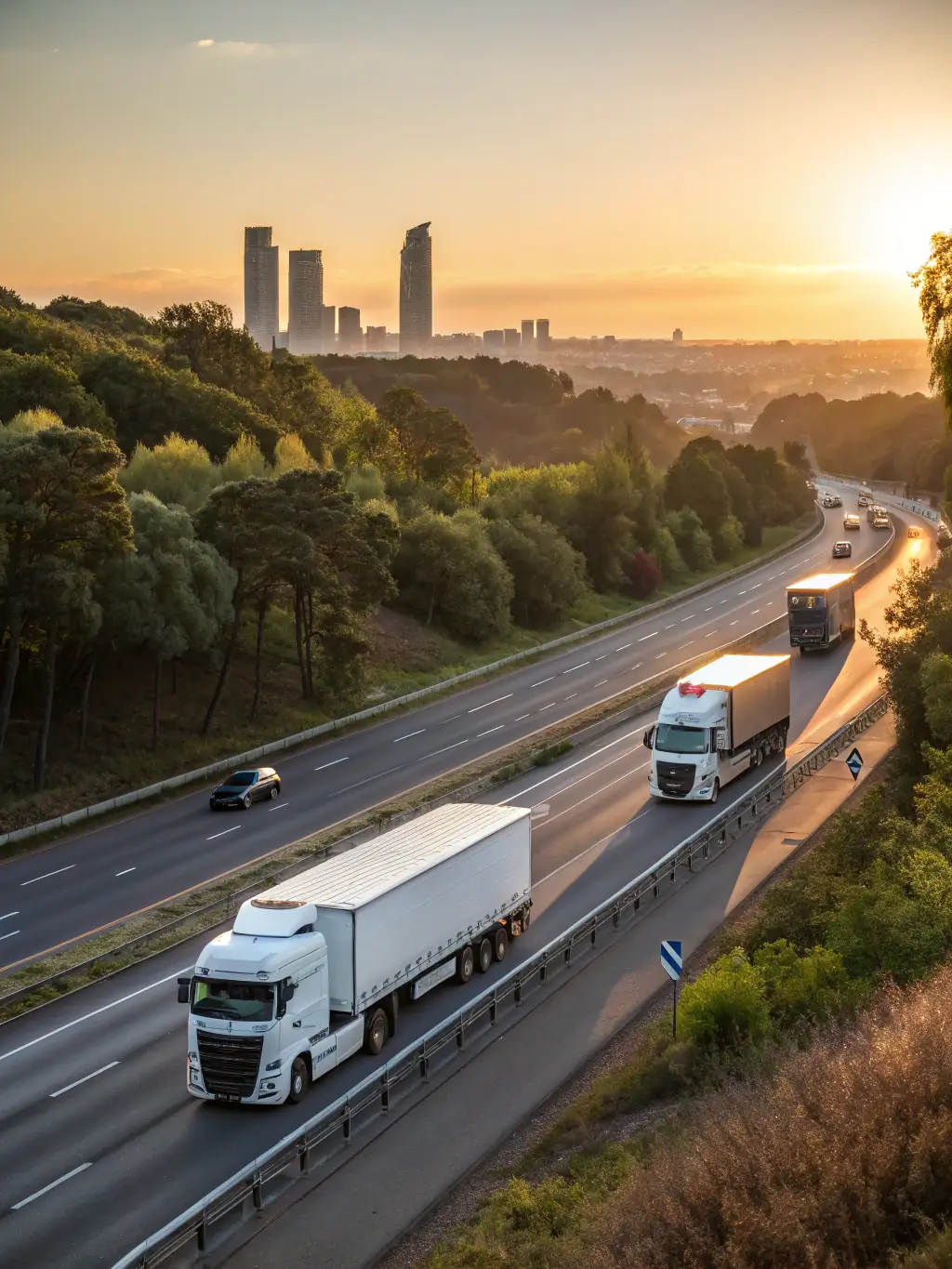 A fleet of modern, branded haulage trucks on a highway, representing asset funding for the haulage and logistics sector, emphasizing efficiency and reliability.