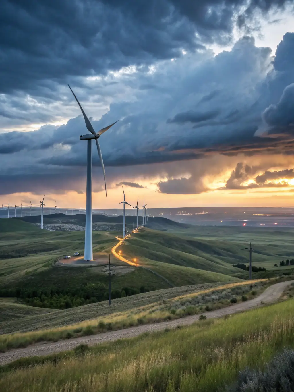 A modern wind turbine farm at sunset, symbolizing green energy asset funding, with a focus on sustainable technology and renewable resources.