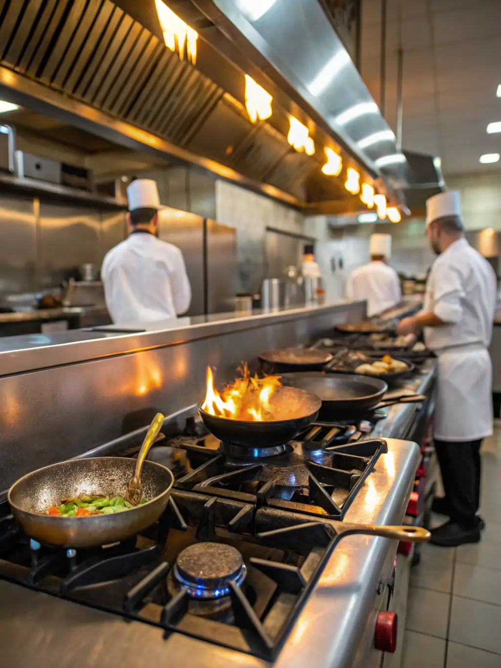 A bustling commercial kitchen with chefs preparing food, illustrating asset funding for the catering industry, highlighting modern equipment and culinary innovation.