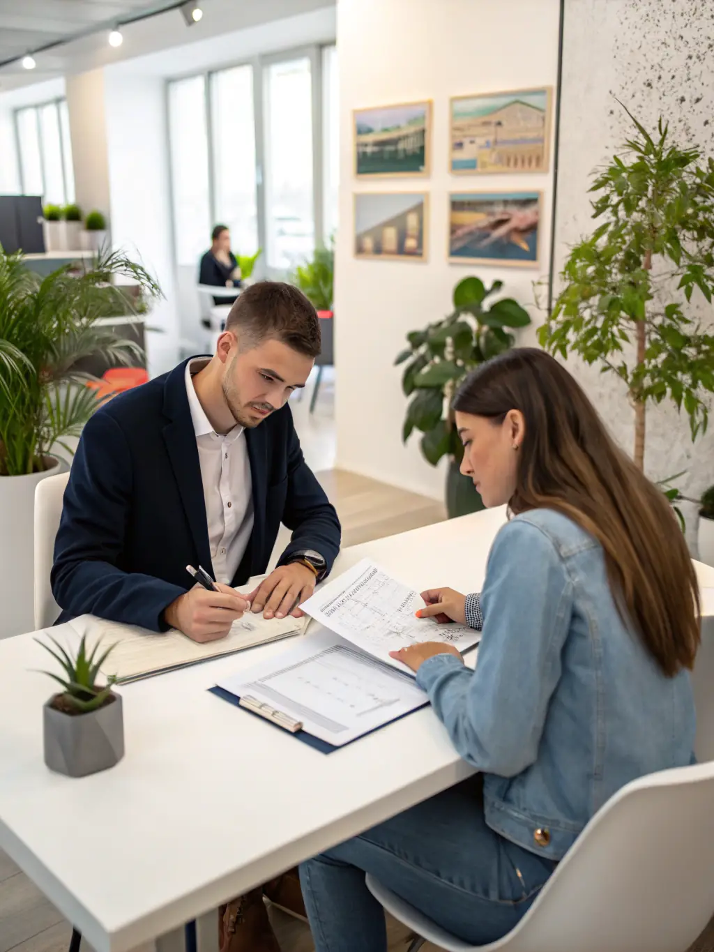 A busy recruitment office with consultants interviewing candidates, representing asset funding for the recruitment sector, focusing on technology and office infrastructure.